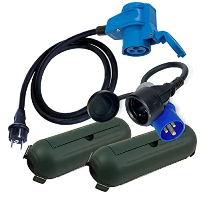 Imagen de IntuiFlex Juego de adaptadores CEE para Camping acodados 1,5/0,3 m con Cajas protección Camping, Barco, Caravana y Autocaravana H07RN F 3 x 2,5 mm² 230 V 16 A Toma Corriente Schuko