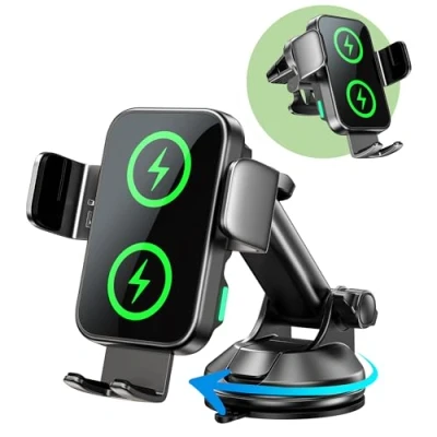 Imagen de GuMosh Cargador Inalámbrico Coche de 15W [Doble Bobinas], [Sujeción Automática] 360 Rotación Soporte Movil Cargador, Carga Rápida para iPhone 16/15/14/13/12/11, Samsung S25/24/23/S22