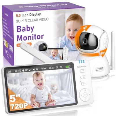 Imagen de OBVHNUA Monitor de Bebé con Cámara 5&#039;&#039;, Pantalla HD 720P y Visión Nocturna Panorámica e Inclinable, Zoom 2X a 4X, Modo VOX, Intercomunicador, 8 Canciones Cuna