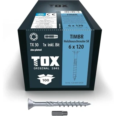 Imagen de TOX tornillos para construcción de madera TIMBR SK 6,0 x 120 mm, azul galvanizado con cabeza avellanada, TX30, 100 piezas en una caja, incl. 1x broca, 1120404160120