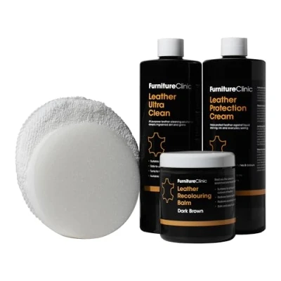 Imagen de Furniture Clinic Kit completo de restauración cuero (camello) Contiene bálsamo reparador cuero, crema protectora, limpiador, esponja y aplicador Restaura repara sofás, sillas, asientos