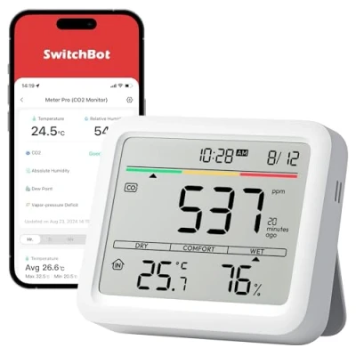 Imagen de SwitchBot Monitor Calidad del Aire Interior, Estacion Meteorologica con Alarma CO2, Detectores de Termometro App, Bluetooth, Archivo Datos 2 Años, se Requiere Hub