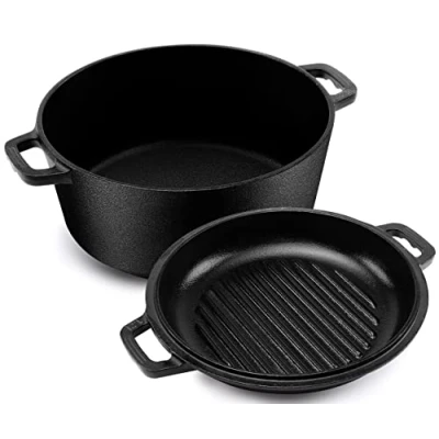 Imagen de Kichly 2 en 1 Olla De Hierro Fundido Pre Sazonada Con Tapa Para Asar Cocinar Al Horno, Freír, Asar, Guisar, Dorar Y Parrilla Cocina Interior Exterior