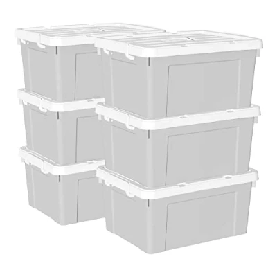 Imagen de Cetomo 35L*6 Caja de Almacenamiento con Asa, Plástico Tapa y Cierre Seguro, Contenedor Grande, Duradera, Apilable, Resistentes, Gris, Paquete 6 35L