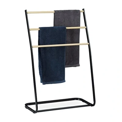 Imagen de Relaxdays Toallero de Pie para Baño, 3 Barras Efecto Madera, Soporte Toallas y Ropa, Hierro, 1 Ud, 86x58x30 cm, Negro, 86 x 58 30 cm