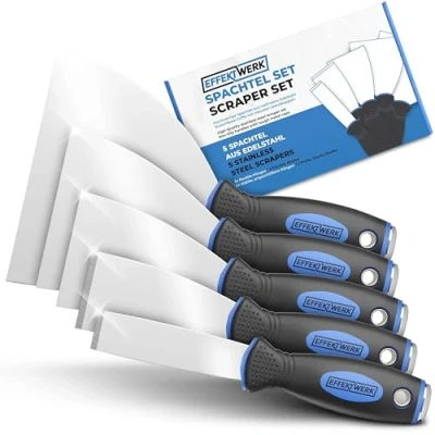 Imagen de Effektwerk juego de raspadores 5 piezas, herramientas para quitar pintura y papel tapiz, espátulas acero inoxidable enlucido, relleno masilla acabado liso