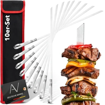 Imagen de AVANA Brochetas para barbacoa de acero inoxidable, 10 unidades, reutilizables, 43 cm, pinchos largos carne y verduras