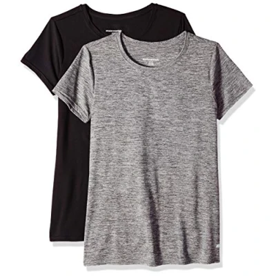 Imagen de Amazon Essentials Camiseta técnica elástica de Manga Corta y Cuello Redondo (Disponible en Tallas Grandes) Mujer, Pack 2, Gris Oscuro Teñido Multicolor/Negro, XL