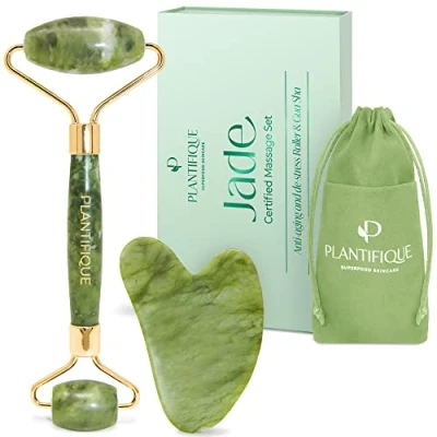 Imagen de Plantifique Gua Sha y Rodillo Facial de Jade 100% Auténtico Masajeador Antiarrugas Para Tonificar Reafirmar la PIel Masaje Masajeadores Faciales Ojos