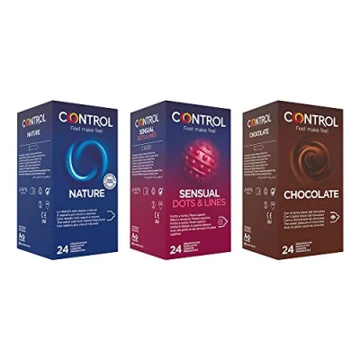 Imagen de CONTROL Preservativos Nature, Dot&amp;Lines, Chocolate 72 ud Pack 3 Cajas De Condones: 1x Placer Natural, Estriado y 24 ud, Lubricados, Ajuste Perfecto, Sexo Seguro (Caja Ahorro)