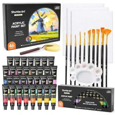Imagen de Shuttle Art 46PCS Kit Pintura Acrílica, 30 Colores Tubo (12ml) de Acrilicos para Pintar Incluye 10 Pinceles y 3 Lienzos, Pigmentos No Tóxicos, Acrilica Manualidades Ideal en Lienzo,Tela,Vidrio
