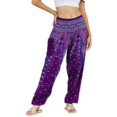 Imagen de Lofbaz Mujer Pantalones Harem Boho de Cintura alforzada Peacock 1 Morado B L