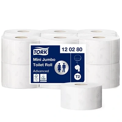 Imagen de Tork 120280 rollos de papel hihiénico mini Jumbo Advanced 2 capas compatibles con el sistema higiénico minijumbo T2, 12 (12 x 850 hojas)