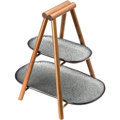 Imagen de LEONARDO Matera Soporte pequeño de 2 pisos cerámica y madera Plato rectangular para servir apero, aperitivos, queso, etc. 33,6 x 8,2 24,5 cm (ancho alto profundidad) antracita