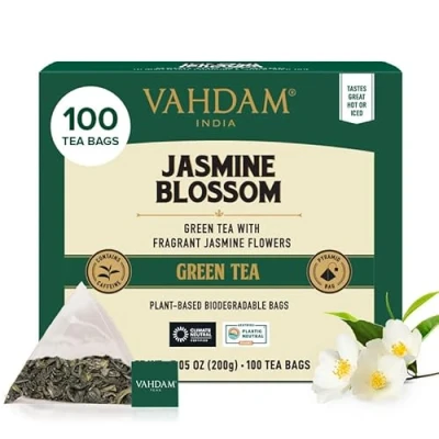Imagen de VAHDAM, Jasmine Té Verde (100 Piramidales Bolsitas De Té) 100% Pura Y Natural Jazmín Con Flores Envasado Fresco En La India Caliente, Frío O Como Kombucha