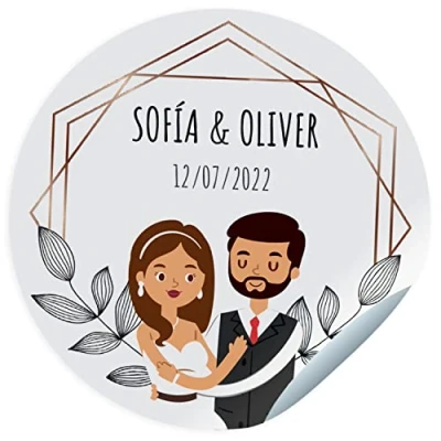 Imagen de 24 Etiquetas adhesivas boda. Pegatinas personalizadas con nombre y fecha para los regalos de tus invitados. Adhesivos originales únicos tu Tamaño 45mm/60mm/70mm diámetro.