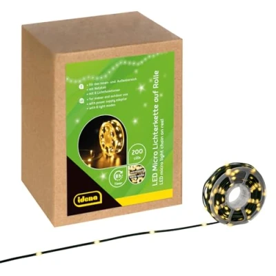 Imagen de Idena 30542 Microluces LED con 200 en amarillo dorado, para uso exteriores e interiores, aprox. 22,9 m de largo una bobina, función temporizador 8 horas, manualidades