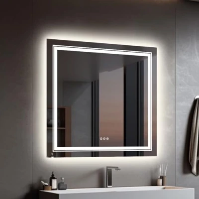 Imagen de LUVODI Espejo Bano Led Cuadrado: 80x80 Espejos Baño Pared Antivaho Retroiluminado 80x80cm con Doble Fuente de Luz Interruptor Tactil Inteligente sin Marco para Maquillaje Cuardo Lavavo