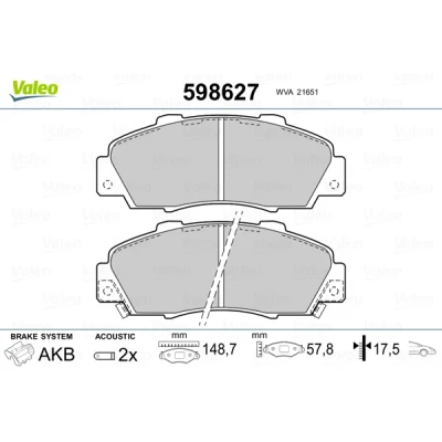 Imagen de VALEO 598627 Juego de pastillas freno Eje delantero con contacto avisador desgaste sin chapa antichirridos HONDA: CIVIC 6 Hatchback