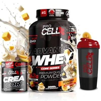 Imagen de ProCell PACK Whey Core + Crea 300gr Shaker REGALO proteina concentrada Gana masa muscular, en polvo Creatina monohidrato 200 mesh (2 KG, Banana Mango)