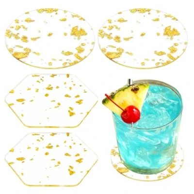 Imagen de Posavasos de Acrílico Dorado, Coasters Reutilizables, para Vasos Redondos, Coaster Antideslizantes, Tazas, Jarrones, Velas, Café, Cocina, Salón(4piezas, Redondo + Hexagonal)
