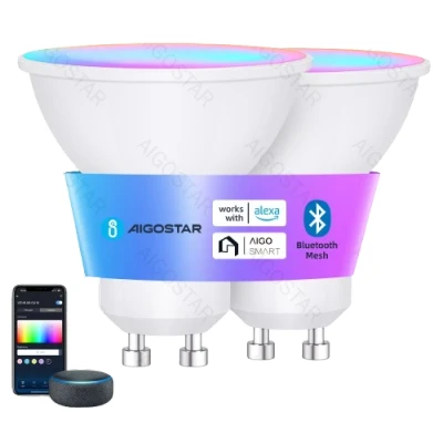 Imagen de Aigostar Mesh Bombilla inteligente Bluetooth Mesh, GU10. 2700K 6500K y RGB regulable, 6.5W, 555 lumens. LED compatible con Alexa Google Home. 2Uds