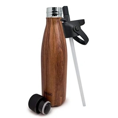 Imagen de NERTHUS Termo Doble Pared para Frios y Calientes Acero Inoxidable con Tapon Pajita, Madera, 0.5 L