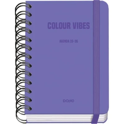 Imagen de Dohe Agenda Escolar 2025 2026 Día Página, Tamaño A6 (12x17 cm), Español e Inglés, Cierre de Espiral Doble y Goma, Tapa Dura, 4 Páginas Pegatinas COLOUR VIBES Morado