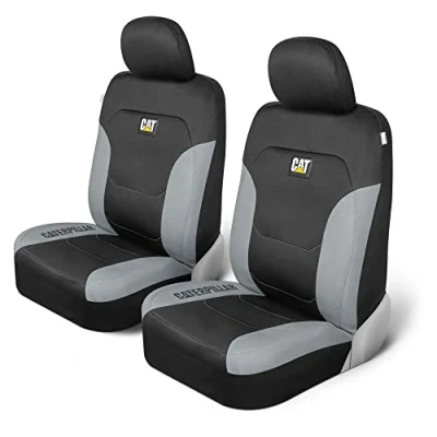 Imagen de Cat erpillar Flexfit Fundas de Asiento para automóvil, Camiones y SUV (Juego 2), Negras Asientos Delanteros, Protector con Ribete Panal Gris,