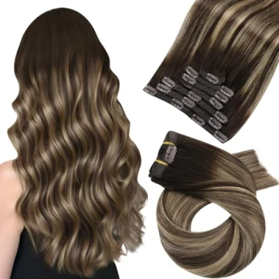 Imagen de Moresoo Extensiones de Clip Pelo Natural Cabello Humano Balayage Marrón #4 con Caramelo #27 Remy 7pcs 120g 18 Pulgadas