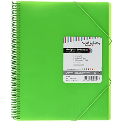 Imagen de Grafoplás Carpeta Fundas A4 de Espiral Color Verde 50 Forros Transparentes Calidad Extra Tapas Polipropileno Gomas Cierre Maxiplás Multiline