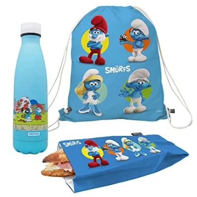 Imagen de NERTHUS FIH 1074 Set Mochila + Bolsa Bocadillo Botella Doble Pared Aldea Pitufos