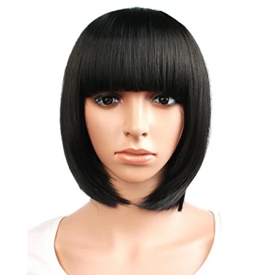 Imagen de MapofBeauty 12 Pulgada /30cm Lady Popular Natural Peluca Corta Recta Flequillo Plano (Marrón Negro)