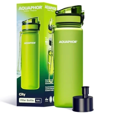 Imagen de AQUAPHOR City Bottle 500ml verde I botella filtrante para llevar filtro con carbono activo filtra cloro y contaminaciones hecho de tritan libre BPA un mejor sabor olor del agua