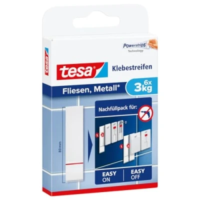 Imagen de tesa Tiras Adhesivas para Azulejos y Metal 3 kg, Cinta Adhesiva Doble Cara Superficies Sólidas Lisas, Capacidad de Carga hasta kg por Tira, Paquete con 6 Piezas