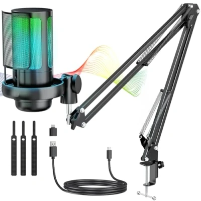 Imagen de Anykuu Micrófono Condensador PC USB Kit de Microfone Karaoke/Podcast Silencio una tecla Microfono Podcaster Streaming Profesional para Gaming/Estúdio/Youtuber