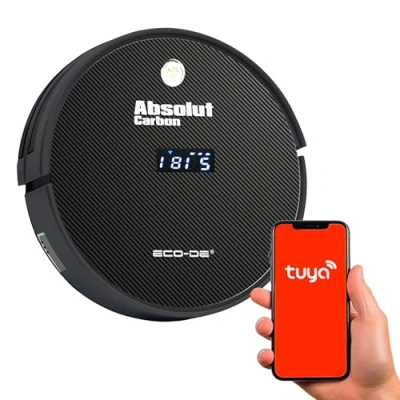 Imagen de ECODE® Robot Aspirador y Fregasuelos Absolut Carbon, 2 cepillos centrales, Laterales, Depósito Mixto, Autonomía 130 min, Sensor Anticaídas/Colisión Navegacion Inteligente, Control por App