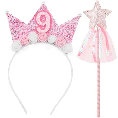 Imagen de DRESHOW Diadema de Cumpleaños y Varitas estrella Corona para Niñas con Flores Rosas Rosa