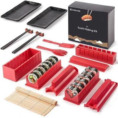 Imagen de Virklyee 17 Piezas Set de Sushi Kit Completo para Moldes hacer en casa Adecuado principiantes Utensilios con Formas Únicas y Divertidas Fácil limpiar (Rojo)