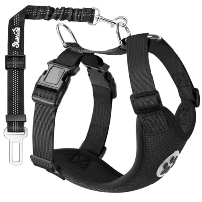Imagen de SlowTon arnés de Coche para Perro con Correa Conector, multifunción, Ajustable, Doble Tejido Malla Transpirable, Chaleco Viaje cinturón Seguridad (M, Negro)