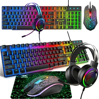 Imagen de Teclado Cascos y Ratón Gaming, USB Retroiluminación del Arco Iris LED Teclado, Auriculares RGB de 7.1 Canales, 4 Botones 2400 dpi Alfombrilla para PS4 Xbox(Necesita Adaptador) Negro