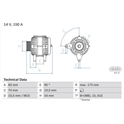 Imagen de BOSCH 0 986 045 031 Alternador 14V 150A BMW: 5 Touring, Berlina, X5, LAND ROVER: Range Rover 3