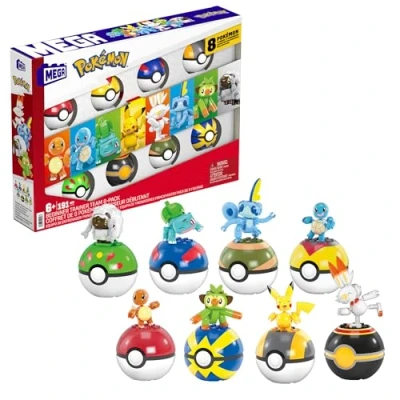 Imagen de Mega Pokémon Entrenador Principiante Pack 8 Pokeballs con Personajes, 191 Bloques de construcción, Incluye a Bulbasaur, Charmander, Squirtle y Pikachu Entre Otros, Juguete +6 años (HTJ75)