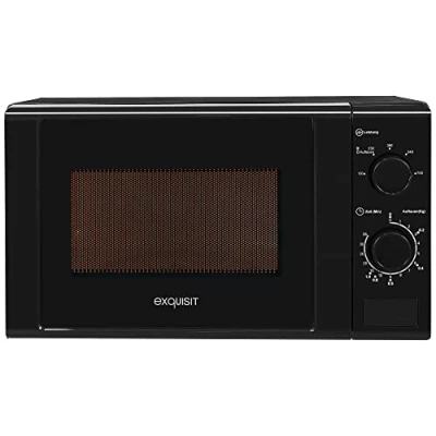 Imagen de Exquisit® Microondas, 20L, 700W, 5 Niveles de Potencia, Color Negro, Acabado Interior Pintado Inicio rápido, Descongelación, Plato 25,5Cm, Apertura Pulsador, Medidas 25,8x43,9x32,3 Cm.