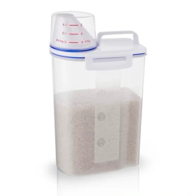 Imagen de TBMax Contenedor pequeño de almacenamiento arroz 2 kg hermético alimentos con taza medidora, envase plástico portátil para cereales cocina
