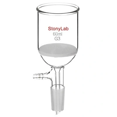 Imagen de Vaso de borosilicato StonyLab Embudo filtración Buchner con frita fina, diámetro del disco 30 mm, profundidad 90 junta interna cónica estándar 24/40 y tubulación dentada al vacío