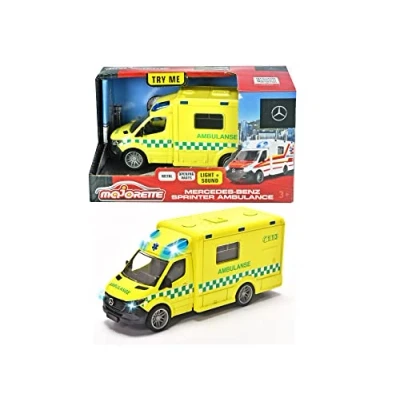 Imagen de Majorette 213712001007 Grand Series Mercedes Benz Sprinter Ambulancia Noruega en Modelo Noruego con Rueda Libre, Metal, luz, Sonido, neumáticos de Goma Suave, 12,5 cm, 1:43, a Partir