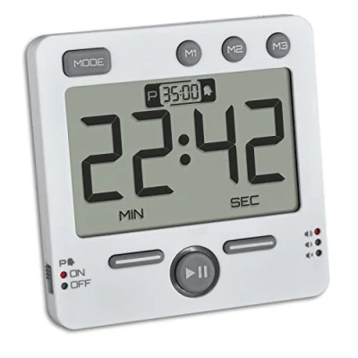 Imagen de TFA Dostmann 99HOURS 38.2049.02 Temporizador Digital y cronómetro (3 volúmenes, de Cocina, Mesa con luz LED Advertencia, función Memoria, Color Blanco, 79 x 21,5 mm)