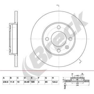 Imagen de BRECK BR 011 SA100 Disco de freno 238,8 11,9 4 macizo revestido sin apoyo VOLKSWAGEN: GOLF 3, 2, 1 Cabriolet, SEAT: Ibiza 2