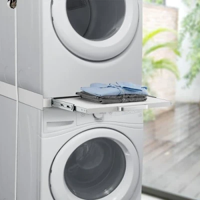 Imagen de [en.casa] Kit de Superposición para Lavadora y Secadora Set Unión Electrodomésticos Soporte Universal con Encimera Extraíble Correa Seguridad 60 x cm máx. 100 kg Blanco